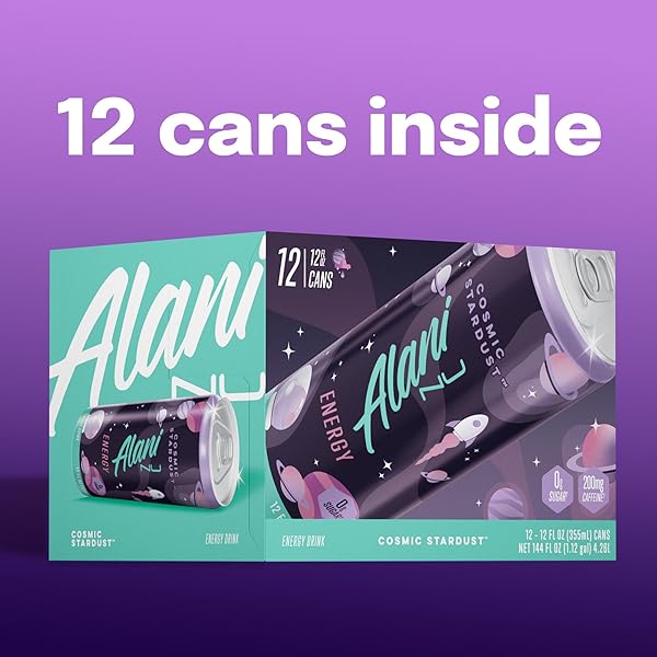 ALANI NU COSMIC STARDUST SUGAR FREE, LOW CALORIE ENERGY DRINKS | 200MG CAFFEINE | BIOTIN B VITAMINS | ZERO SUGAR | 10 CALORIES | 12 FL OZ CANS | 12 PACK
