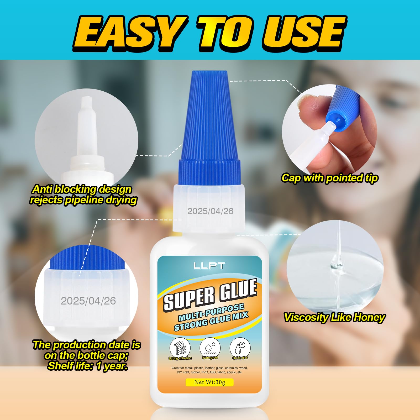 LLPT Sekundenkleber | Net 30g | Klarer Allzweckkleber mit Anti-Verstopfung | Schnell & stark Superkleber für Kunststoff Metall Glas Leder (LSG030-1) | 1 Pack 4