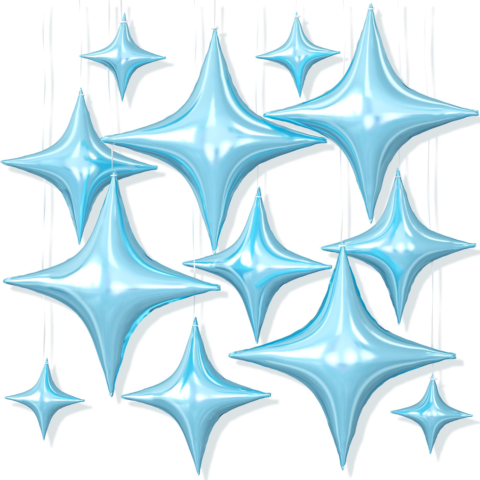 12PCS Light Blue Star Balloons, 26/18/10 Inch Star Foil Balloons, Metallic Blue Four Pointed Stars Balloon for Birthday Baby Shower Graduation Wedding Anniversary New Year Party Decorations Backdrops