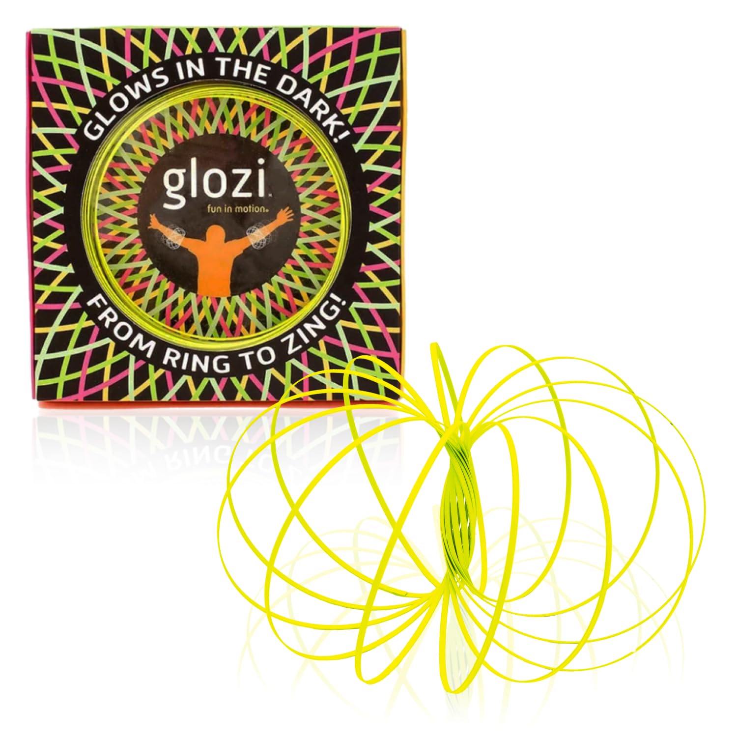 GLOZI Geometric Magic Glow in the Dark Flow Ring - Easy to Use - 3D Arm Spinner Bracelet, Fidget Spinner Toy for Kids and Adults (Yellow)