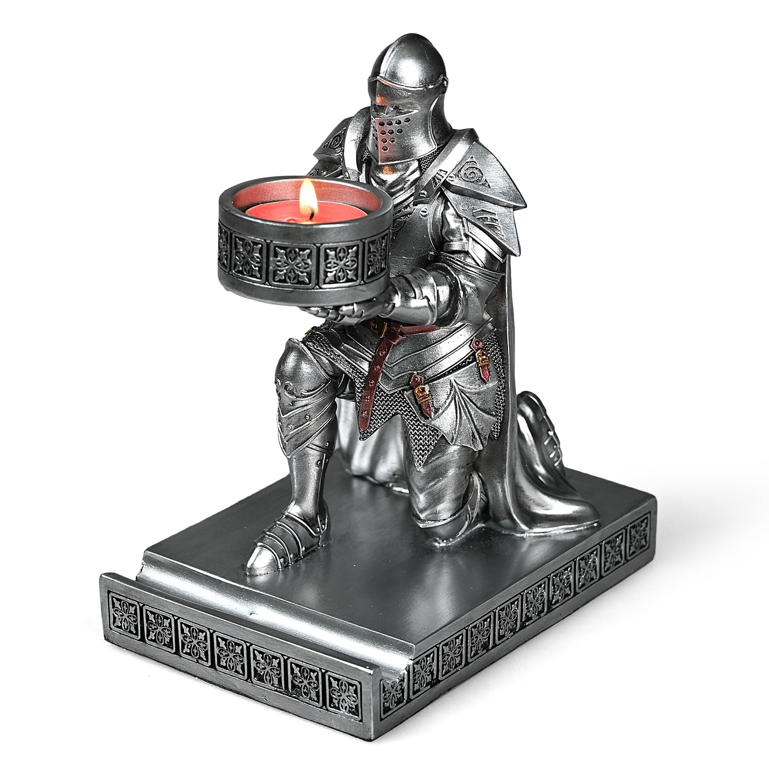 HDMbigmi King's Guard Kneeling Knight Candlestick Holders Resin Posture TeaLight Holder Warrior Mobile Phone Stand Pen Holder Candle Holder for Restaurant, Altar, Home Table(Silver)
