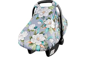 SWESEN Baby Car Seat Cover, Flower Carseat Cover Girls, Cozy Sun & Summer Cover, Stretchy Newborn Carseat Canopy with Zipper and Mesh