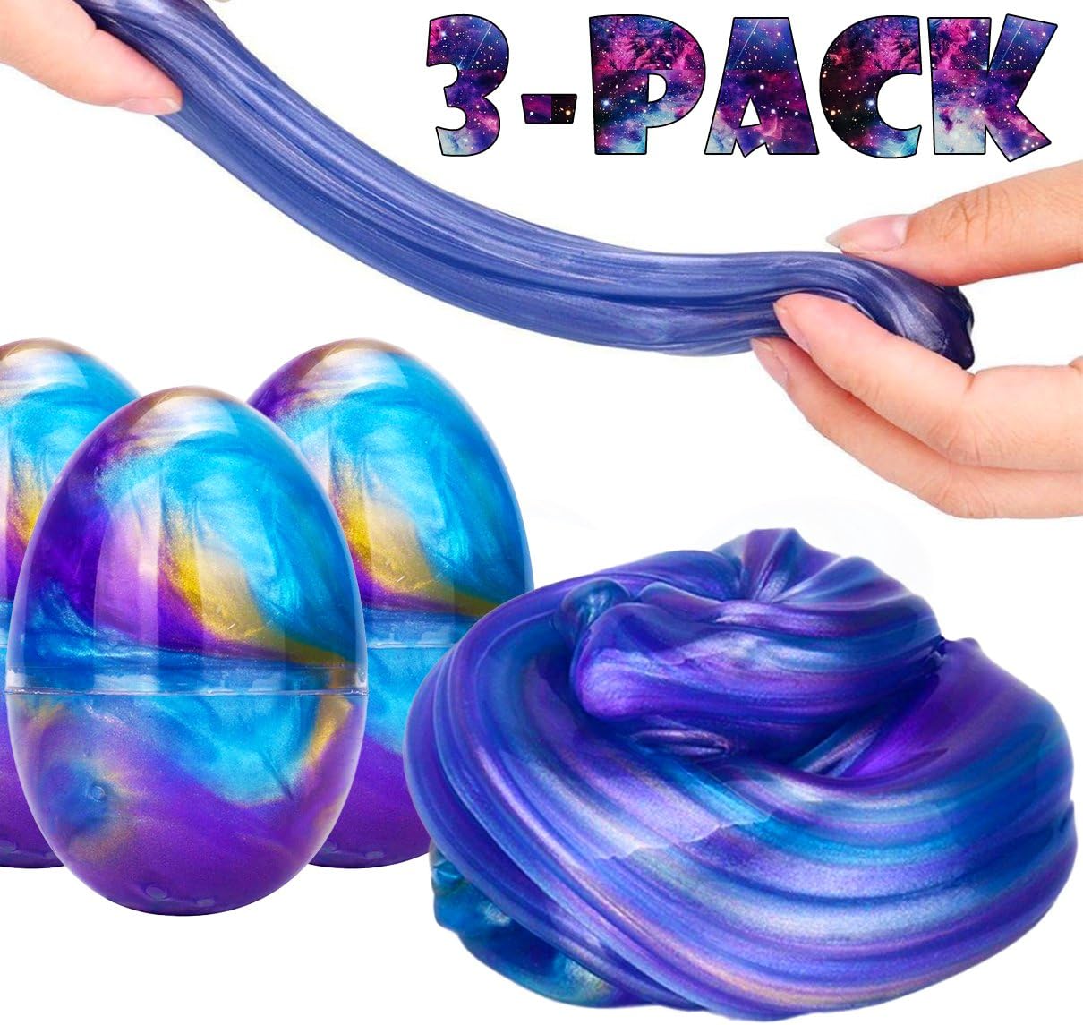 SLIME EXPRESS Galaxy Slime Eggs, 3 Pack Fluffy Soft Slime No Borax Non-Toxic Non-Sticky ASMR Toy Stress Relief Toy Sludge Toys Satisfying Fluffy Slime Scented Stress