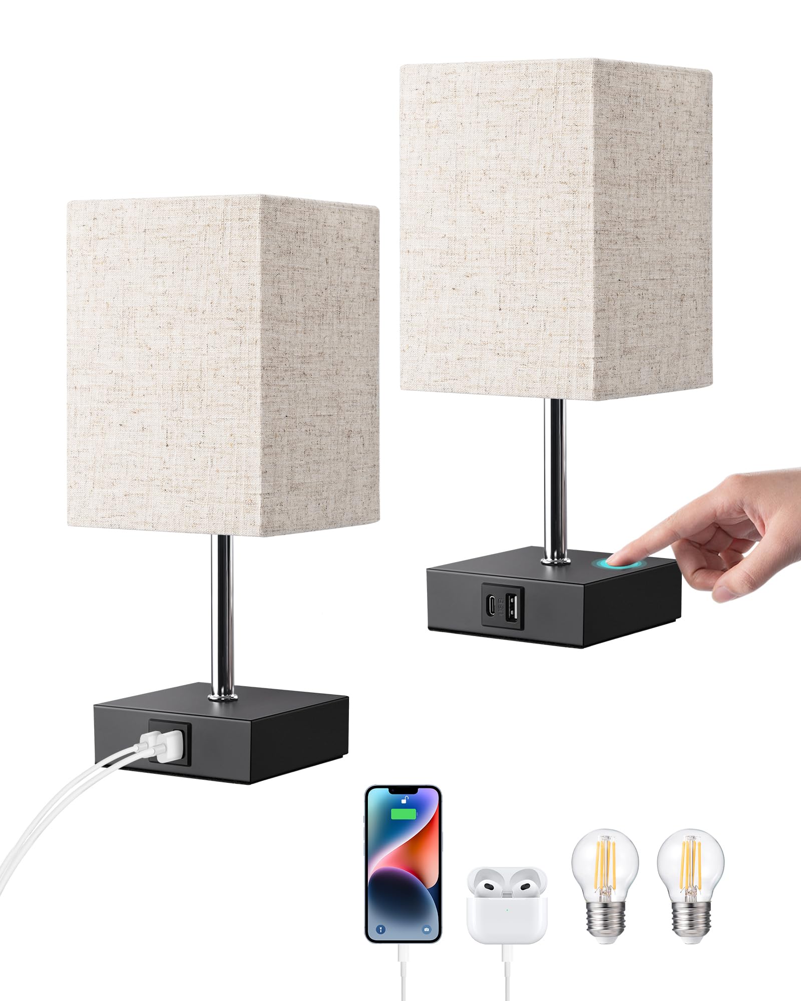 EDISHINE Bedside Lamps Set of 2, 3 Way Dimmable Table Lamp with USB A+C Charging Ports, Touch Lamps for Bedroom, Living Room, Beige Linen Lampshade(LED Bulbs Included) — image 1