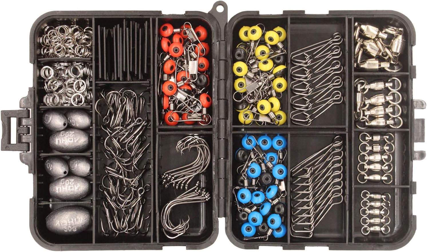 OKVGO 226pcs Sea Fishing Tackle Box Accessories Kit of Weights, Sinker Slides, Circle Hooks, Treble Hooks, Split Rings, Quick Snap, Ball Bearing Swivels
