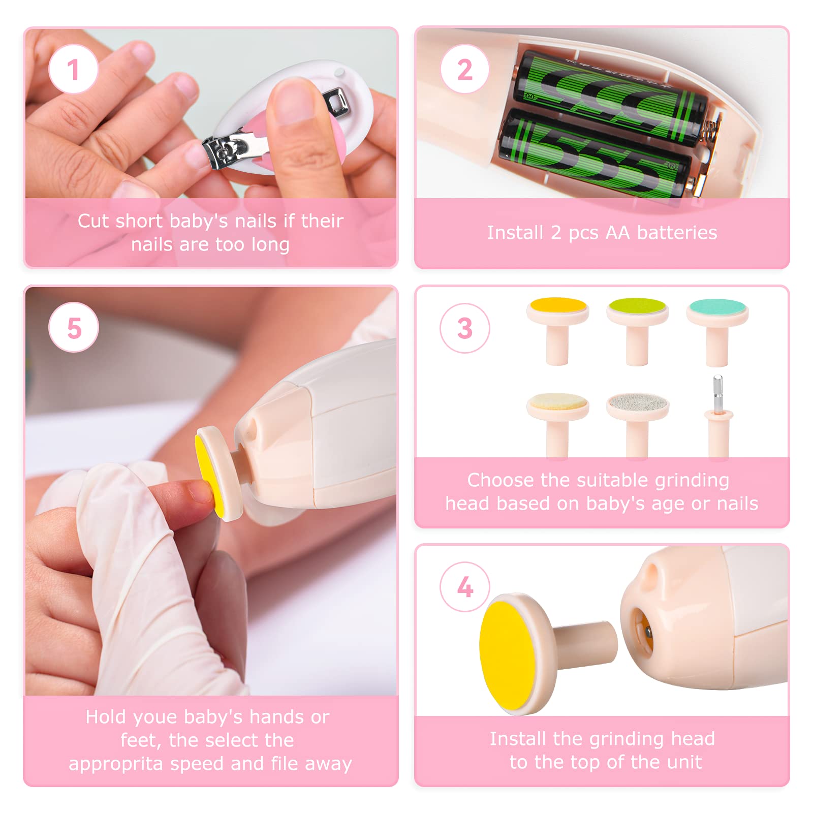 Baby Nail Filer and Baby Nail Clippers with Light Set, Lupantte Electric Infant Nail Trimmer Kit, for Newborn Toddler Kids Toes and Fingernails, Polish and Trim