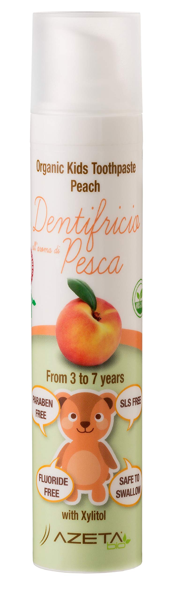 Peach Flavoured Children’s Toothpaste Organic Vegan 3 to 7 Years, SLS and Paraben Free, Azeta Bio 50ml (Peach)