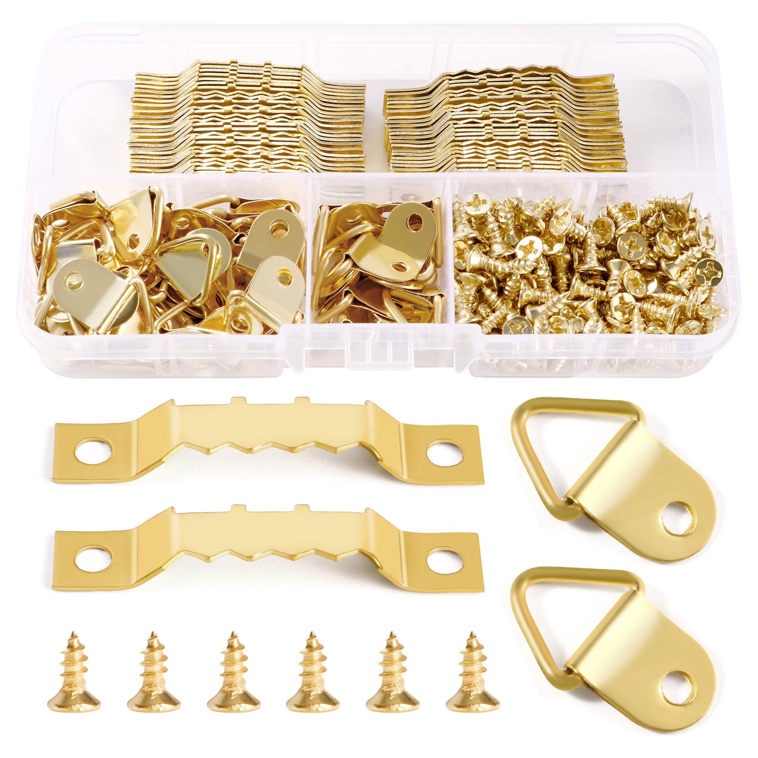 YIXISI 100 PCS Picture Hanging Kit, Picture Frame Hangers, Sawtooth Photo Frames Hooks, Triangle Ring Hanger, Picture Hangers with 150 Screws, for Picture Photo Frame Hanging Home Decoration, Gold
