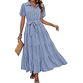 dowerme Womens Summer Dresses 2025 Short Sleeve Button Tie Waist Beach Vacation Clothes Boho Flowy Tiered Maxi Sundress