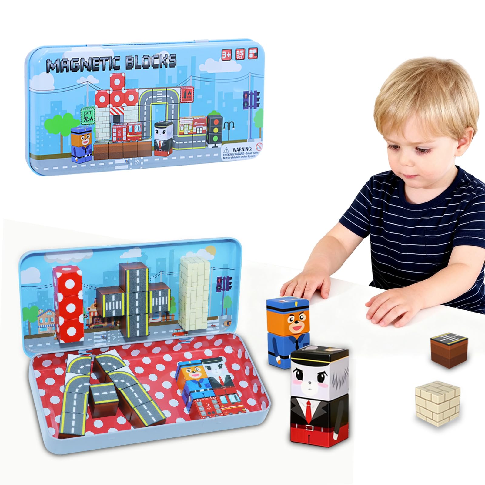 Magnetic Blocks Set, 35PCS Educational STEM Travel Building Toys for Kids 3+, Portable Magnetic Block with Metal Storage Box, Toddler Learning Toys for Boys Girls 4-8 Birthday Gift(Road Transport)