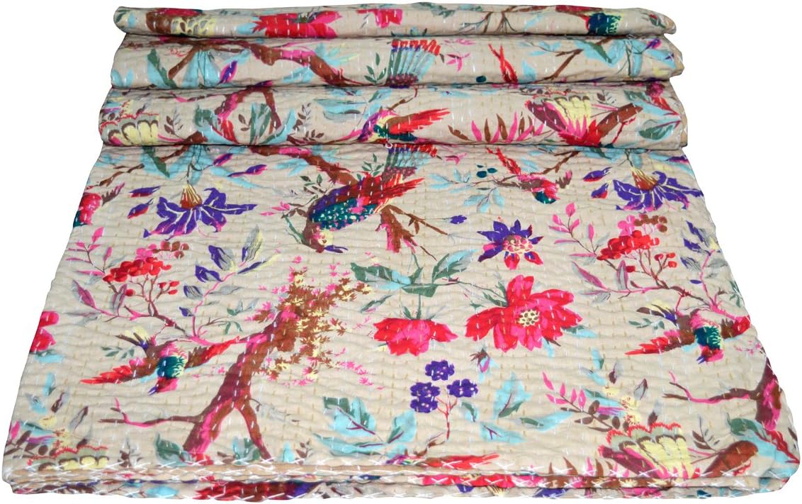 Bird Print Kantha Work Cotton Double Bedsheets 90X108 Queen Beige