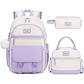 Bevalsa Backpack for Girls, School Backpacks for Girls, Kids Backpack with Lunch Box & Pencil Pouch for Teens Girl Kids Elementary Middle High School College Student Bookbag Daypack (Purple Beige)