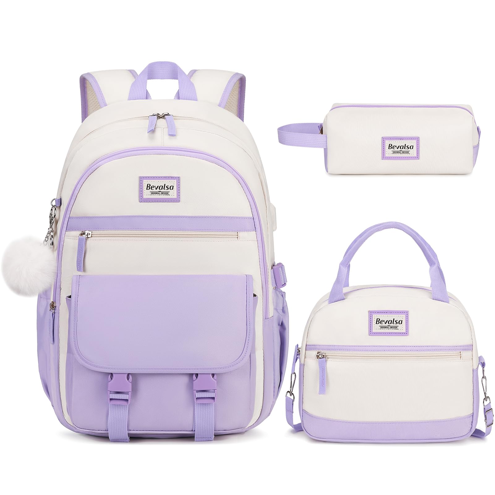 Photo 1 of (__ backpack only_) Bevalsa Backpack for Girls, School Backpacks for Girls, Kids Backpack with Lunch Box & Pencil Pouch for Teens Girl Kids Elementary Middle High School College Student Bookbag Daypack (Purple Beige)
