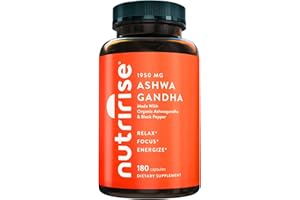 NutriRise Organic Ashwagandha Root Capsules with Black Pepper 1950mg, Natural Stress & Mood, Thyroid & Immune Support Supplement, Sleep Aid, Clarity, Focus & Energy, Gluten Free, 180 Count