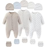 falianni Fashion Baby Boy Girl Clothing Set Cotton Soft 3-Piece Long Sleeve Button Rompers 5-Pack Hats&Gloves Infant Clothes
