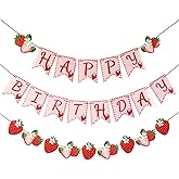Strawberry Birthday Banner Set of 3 - "Happy Birthday" Red Berry Garland with "Strawberry" Sign, Complete Party Phrase Decor for 1st Birthday, Baby Shower & Dessert Table (Non-Glitter)
