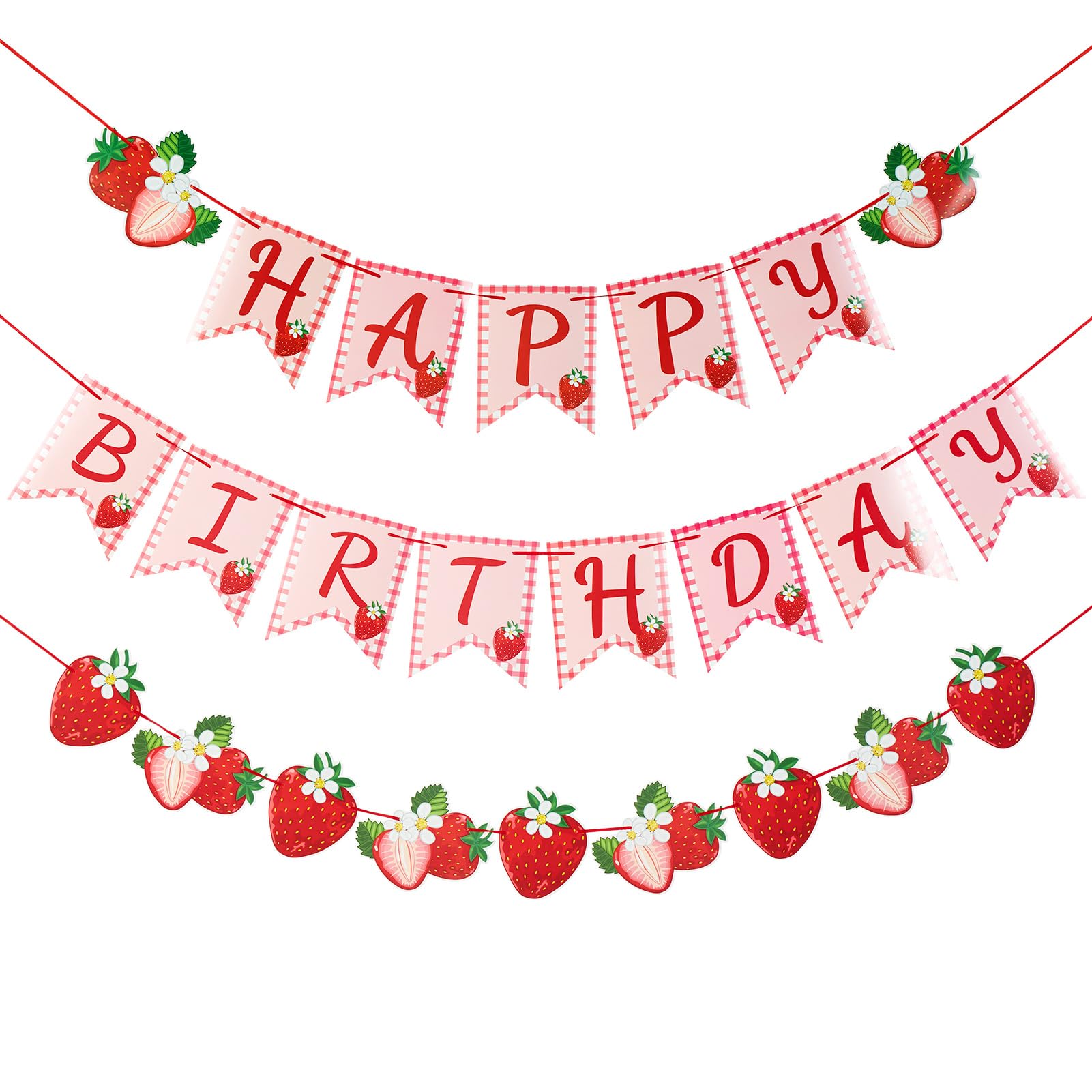 Paper Jazz Strawberry Hanging Banner Decorations,Red Fruit Banners Happy Birthday, Red Berry First Birthday Party Supplies for Theme 1st Birthday And Garden Party,Strawberry Themed Party Favors.