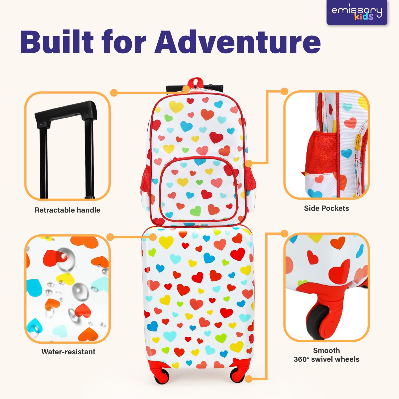 emissary 3 Piece Kids Luggage Set With Wheels For Girls, Childrens Luggage with Backpack Kids Suitcases For Girls, Toddler Travel Luggage