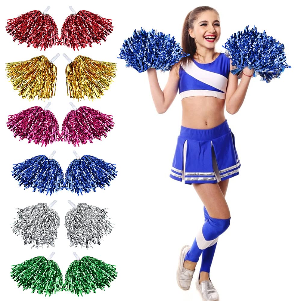 "N/A" RECHCIGA 12 Pcs Cheerleading Pom Poms Plastic Cheerleader Pompoms Premium Metallic Pom Poms Set Cheering Hand Flowers Handle Dance Pom Poms Cheering Squad Pompoms for Football Basketball Cheers
