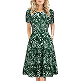 Women's Elegant Knee Length Dresses Vintage Summer Office Casual Floral Print Work Party A-Line Swing Dress with Pockets 162