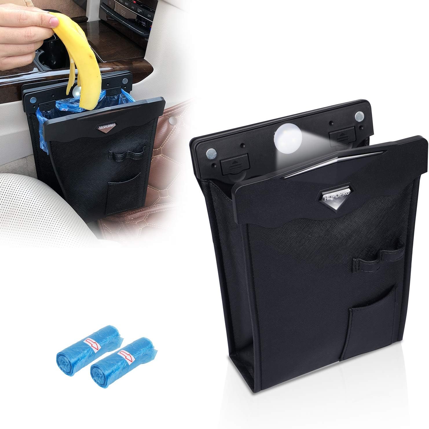 Amazon 車用ゴミ箱 車載ゴミ袋 Hopopro 車用収納ケース 小型 引っ掛け式 省スペース 車用マルチポーチ コンパクト 防水 磁気付き Pu製 Ledセンサーライト照明 シートバックポケット 小物入れ 折りたたみ式 助手席側 後部座席 2個ごみ袋付 車用ゴミ箱