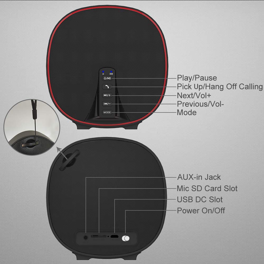 Wireless Portable Bluetooth Speaker 5.0 Build-in Mic HD Audio, Enhanced Bass, Radio Support, Hands-free Call and TF Card Slot, Stereo Sound for iPhone, Tablet, Android (DY52 Black-Red)