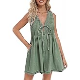 Vidifid Women's Denim Romper Casual Summer Sleeveless Jean Romper Tie Front V Neck Ruffle Jean Short Overall With Pockets