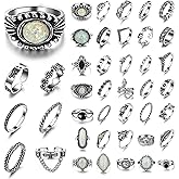 CeroDimo 42 Pcs Vintage Gothic Ring Set for Men and Women Adjustable Punk Stackable Knuckle Rings with Skull Snake Heart Star Flower Design for Midi Fingers