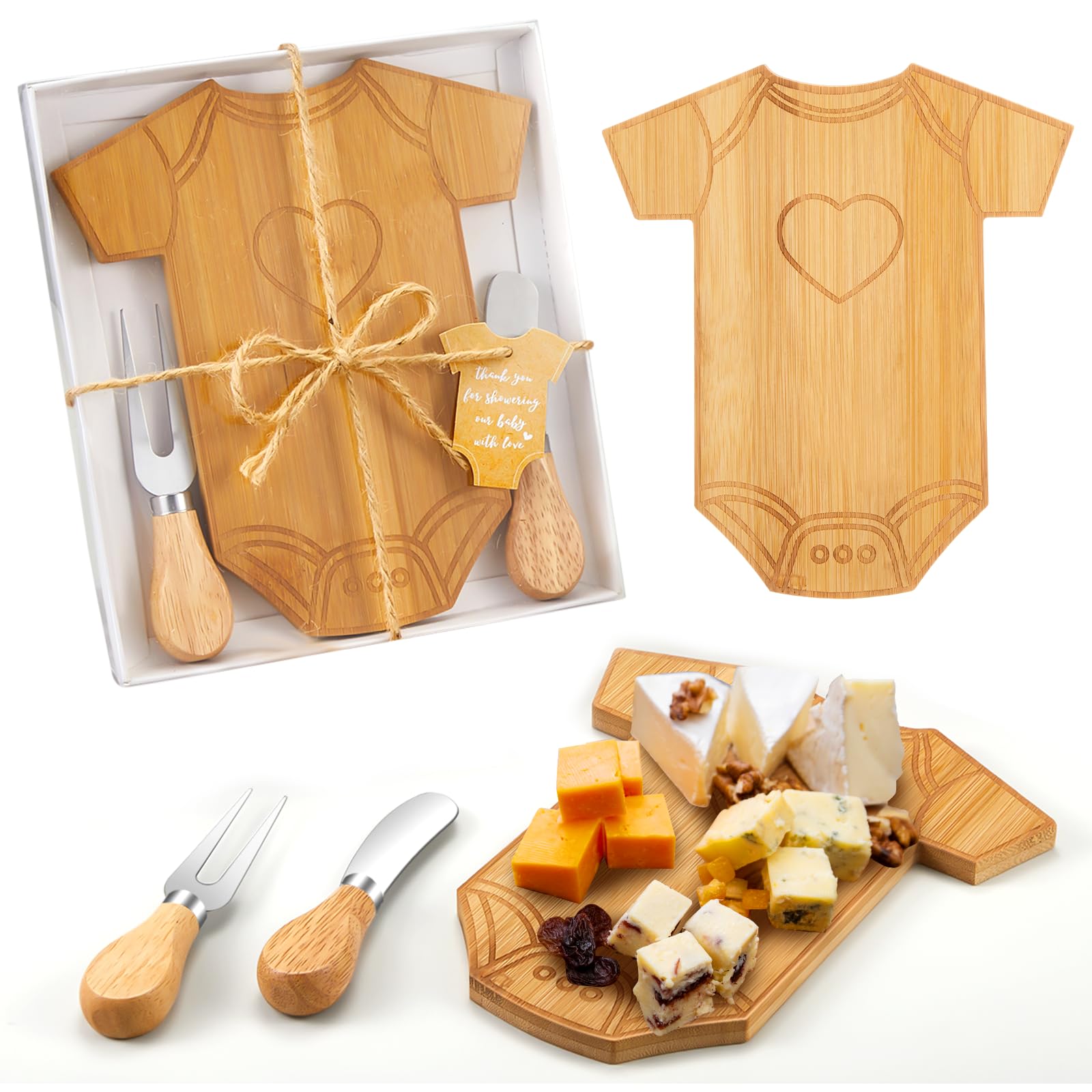 Photo 1 of 1 piece  Baby Shower Gifts for Guests Clothing Shaped Charcuterie Board Set Thank You Tags with Box Mini Cheese Board Party Favors for Gender Reveal Favors Baby Shower Game Prizes (Bamboo Color)