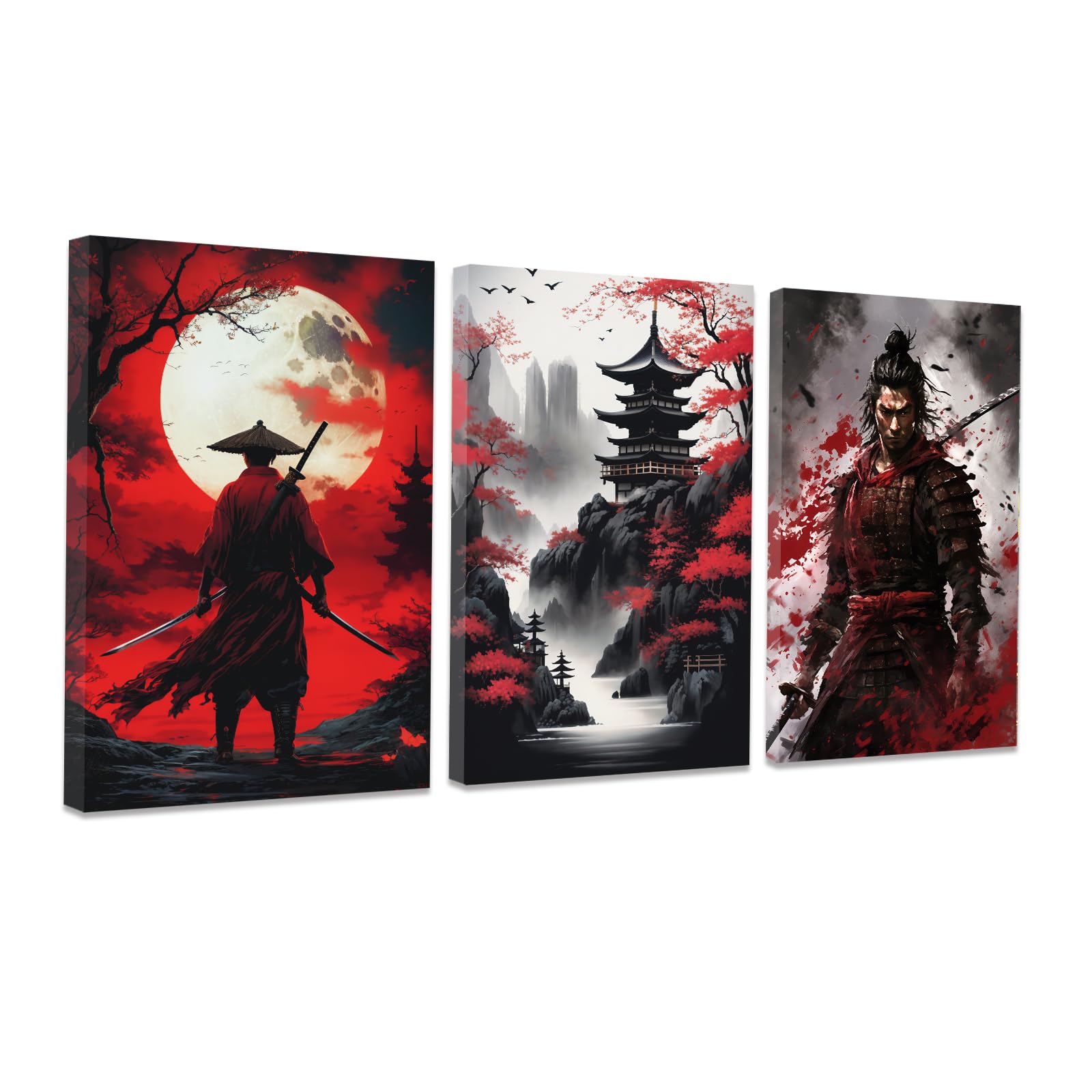 CCWACPP 3 Piece Samurai Wall Art Japan Painting Canvas Print Warrior Figure Pictures Bushido Posters Japanese Culture Theme Artwork Home Room Decor Framed (D, (30x40cmx3))