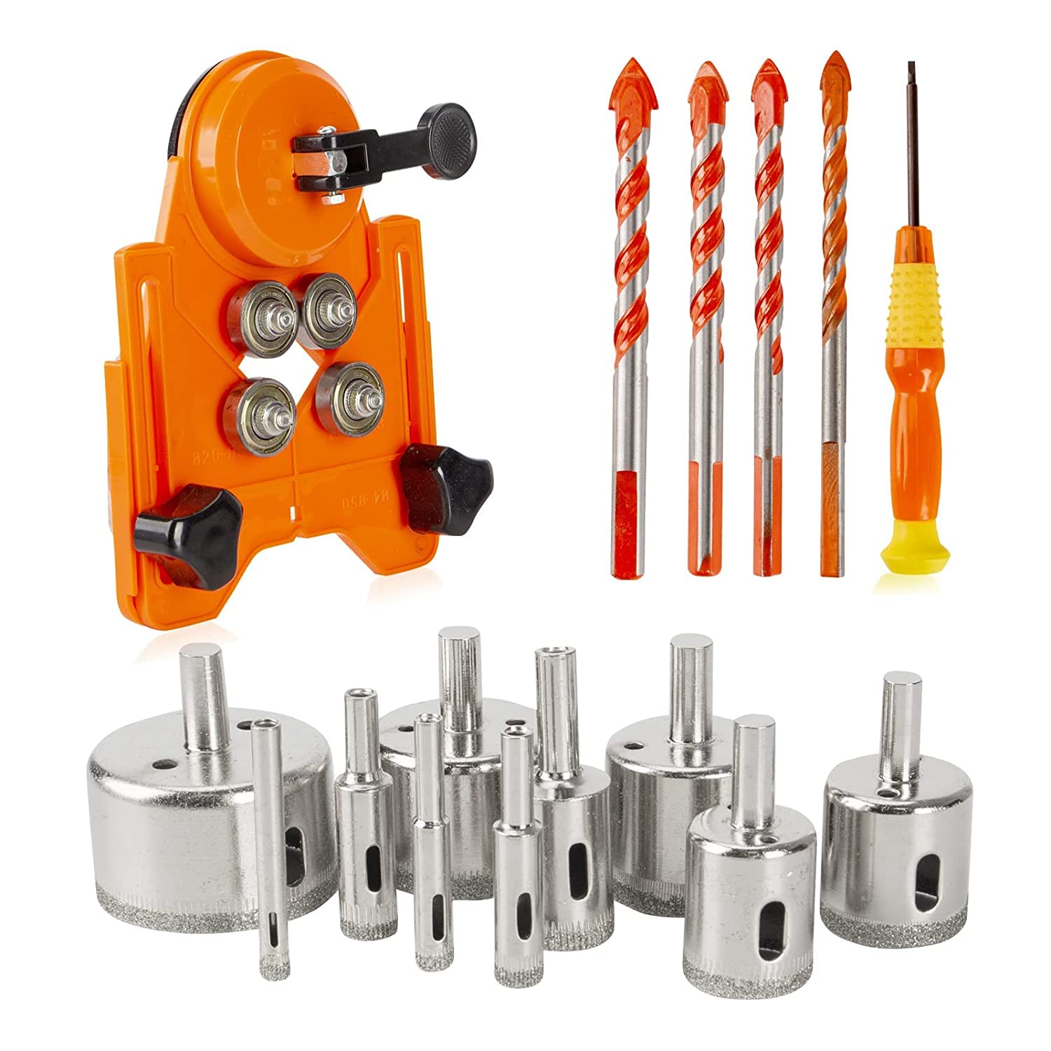 16 PCS Diamond Drill Bit Tile Hole Saw Set Adjustable Hole Saw Guide Jig Fixture and Ultimate Triangle Drill Bits Set for Tile, Ceramic, Glass, Porcelain, Marble