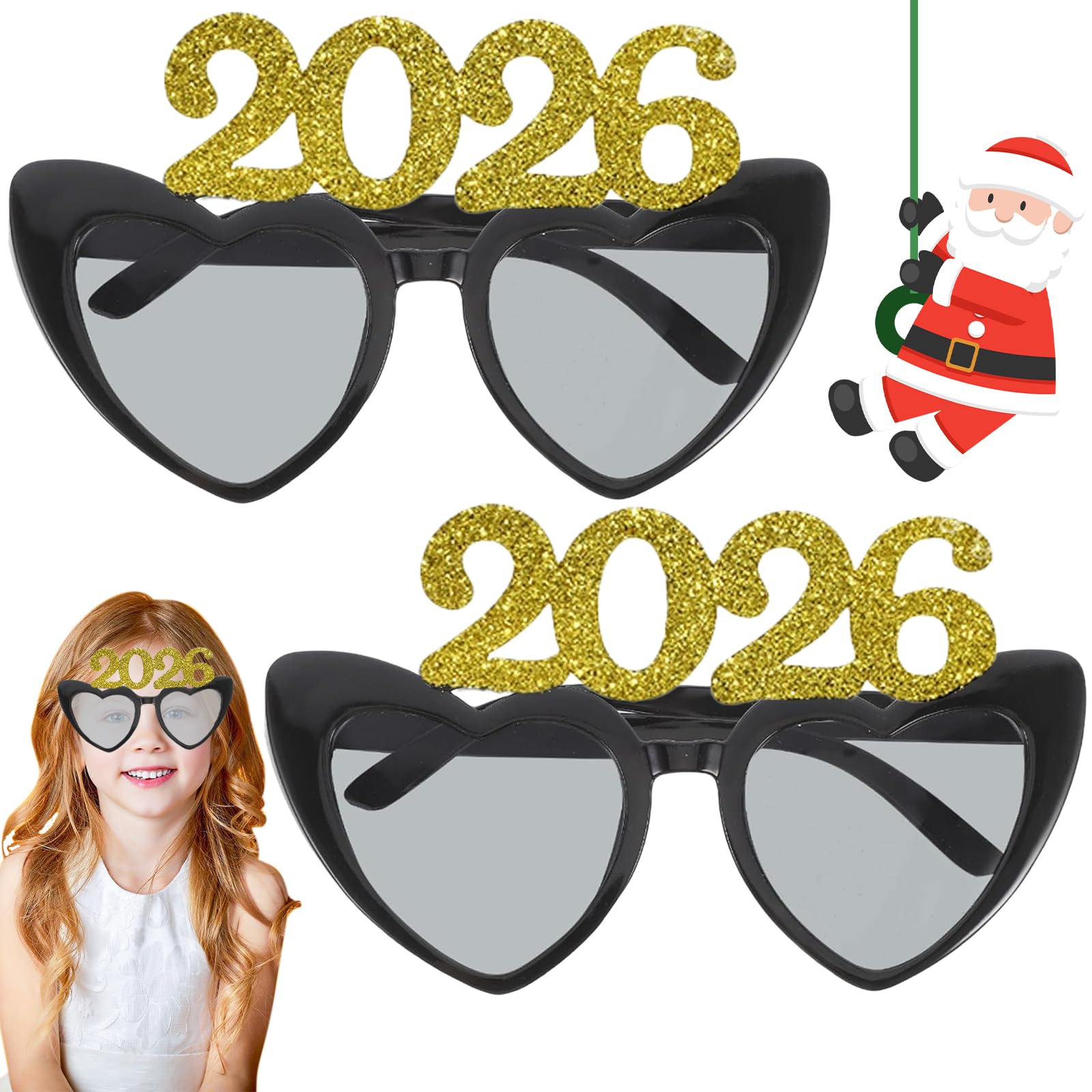 Happy New Year Glasses 2025 - 2 PCS Glitter Love Heart Glasses for New Year's Eve Party Decorations