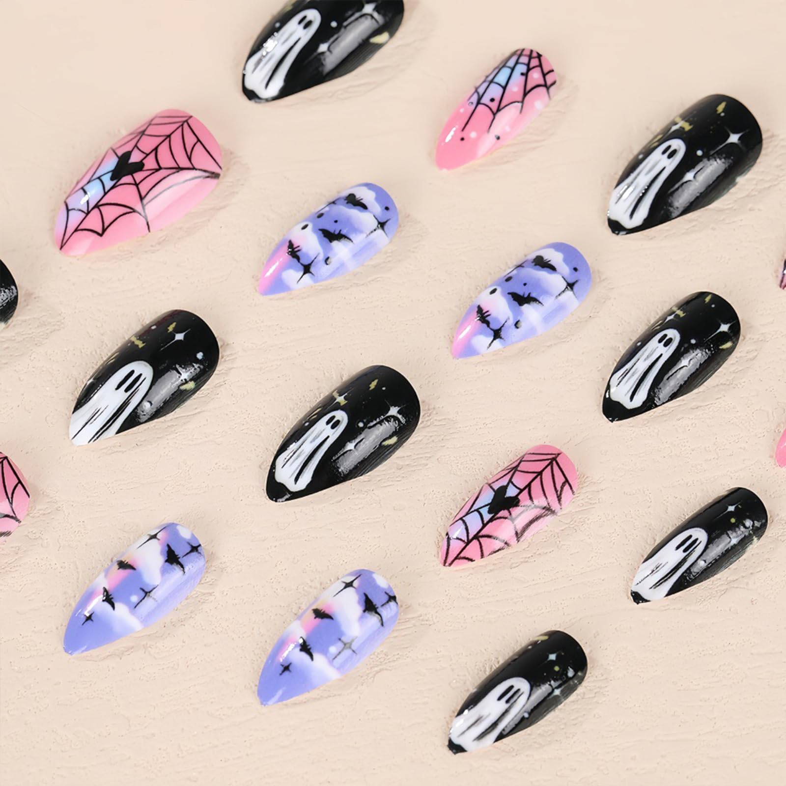 IMSOHOT Halloween Press on Nails Almond Medium Fake Nails Black Pink Purple Glue on Nails Full Cover Glossy Artificial False Nails with Ghost Designs Cute Stick on Acrylic Nail for Women Girls - Image 4