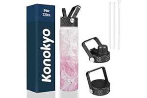 Konokyo Insulated Water Bottle 24oz Stainless Steel Sport Water Bottles With 3 Lids,Marble Blossom
