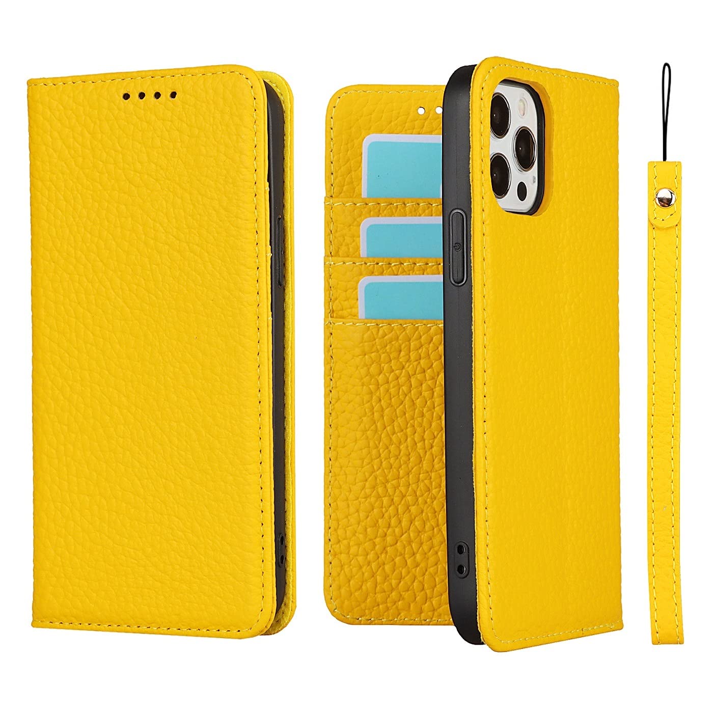 Photo 1 of iCoverCase Compatible with iPhone 13 Pro Wallet Case with Credit Card Holder and Wrist Strap, RFID Blocking Genuine Leather Flip Magnetic Phone Cover 6.1 Inch (Yellow)