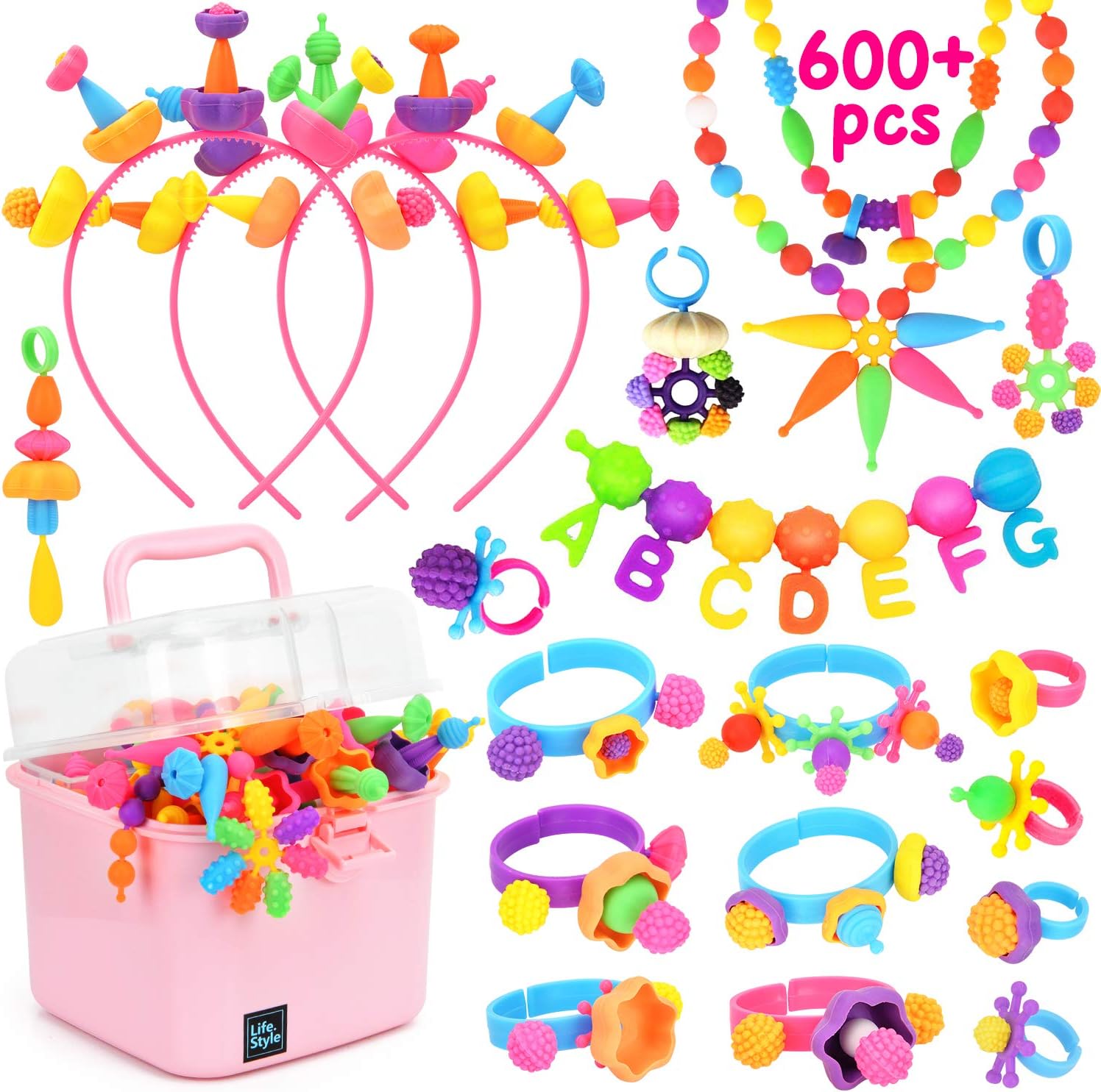 BATTOP Girls Pop Snap Beads Set for 4 5 6 7 8 Years Old DIY Jewelry Toy, Necklaces, Hairbands
