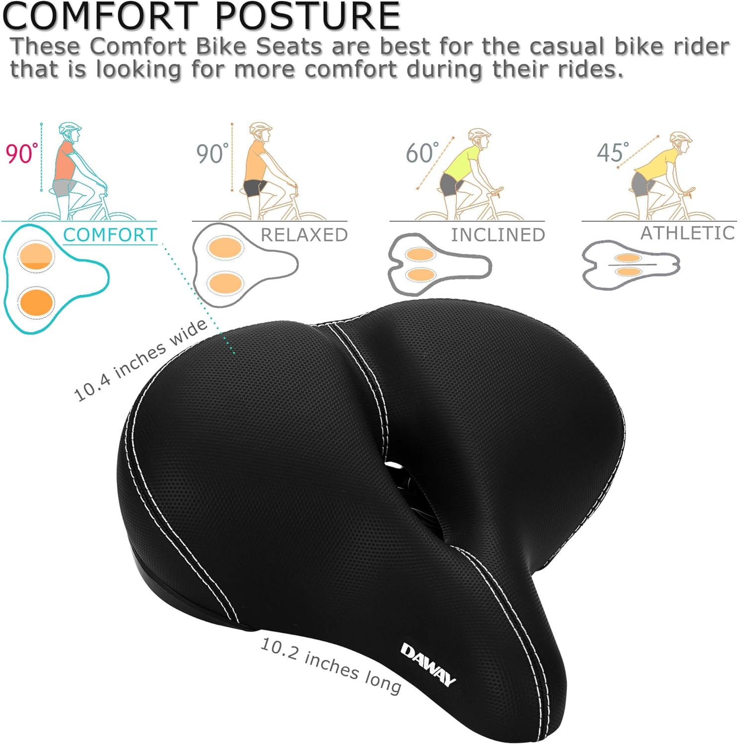 DAWAY C30 Large Wide Bike Seat, Most Comfortable Oversized Bicycle Saddle for Peloton Mountain, Road, Cruiser, Stationary - Image 3