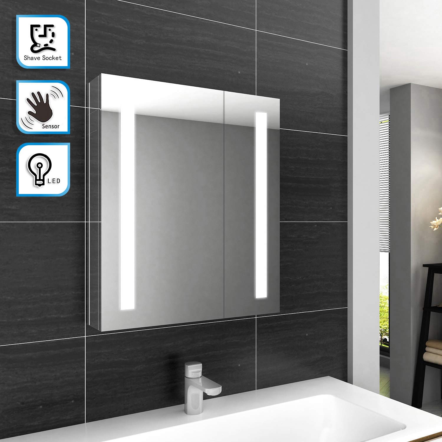 Elegant Illuminated Bathroom Mirror Cabinet With Lights And Shaver