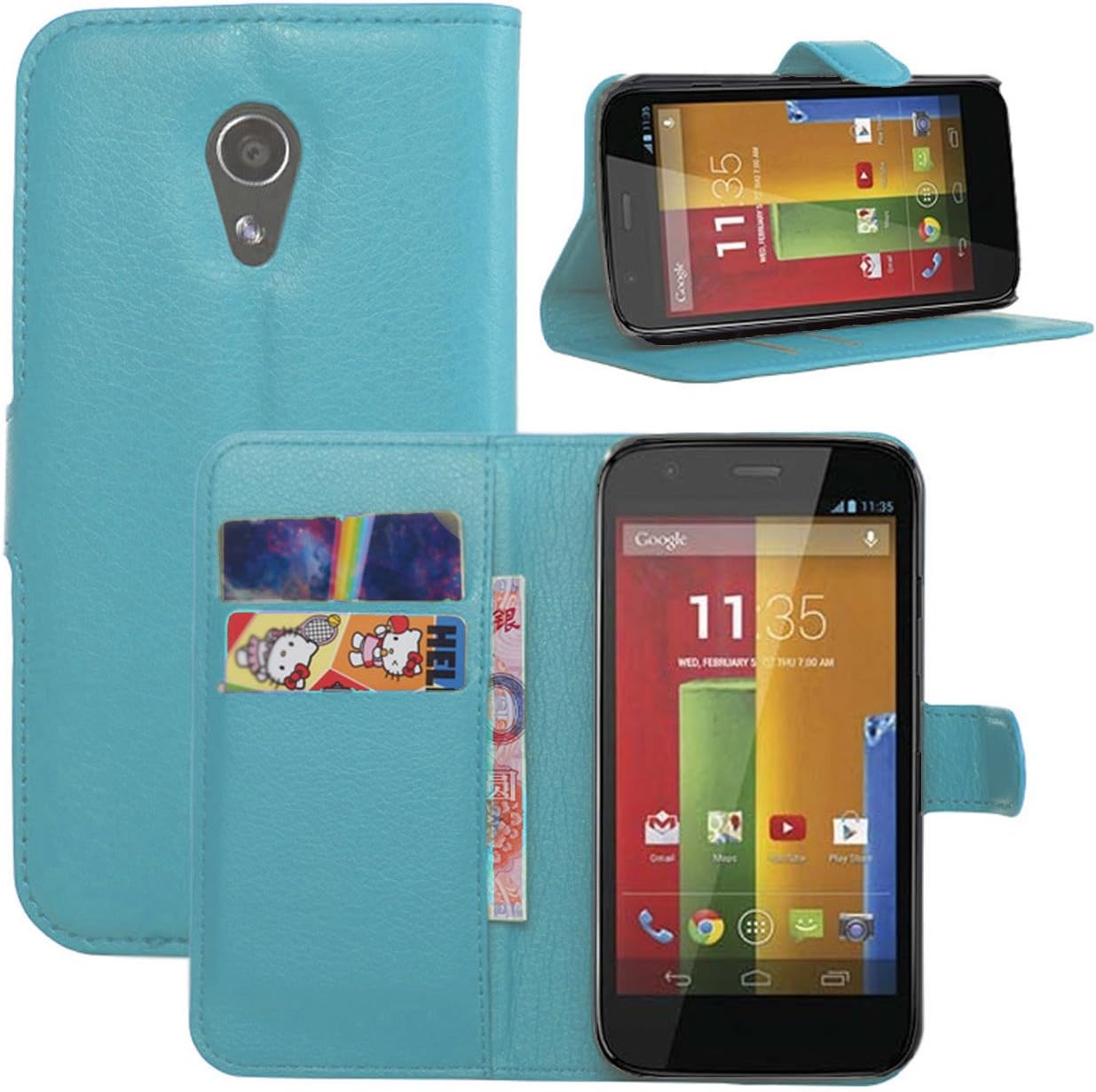 Moto G2 Case, Moto G 2nd Gen Case, Fettion Premium PU Leather Wallet Flip Phone Protective Case Cover with Card Slots for Motorola Moto G (2nd Generation) Smartphone (Blue)