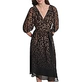 DKNY Womens 3/4 Balloon Sleeve Surplice Neck Faux Wrap Midi Dress with Removable Belt