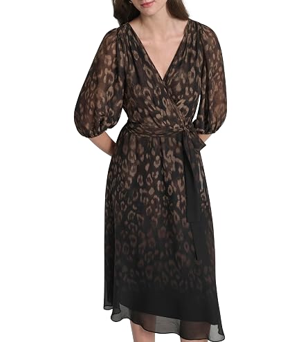 DKNY Women's Chiffon Balloon Sleeve Faux Wrap Midi Dress with High-Low Hem, Moonlight Multi, 4 : Clothing, Shoes & Jewelry