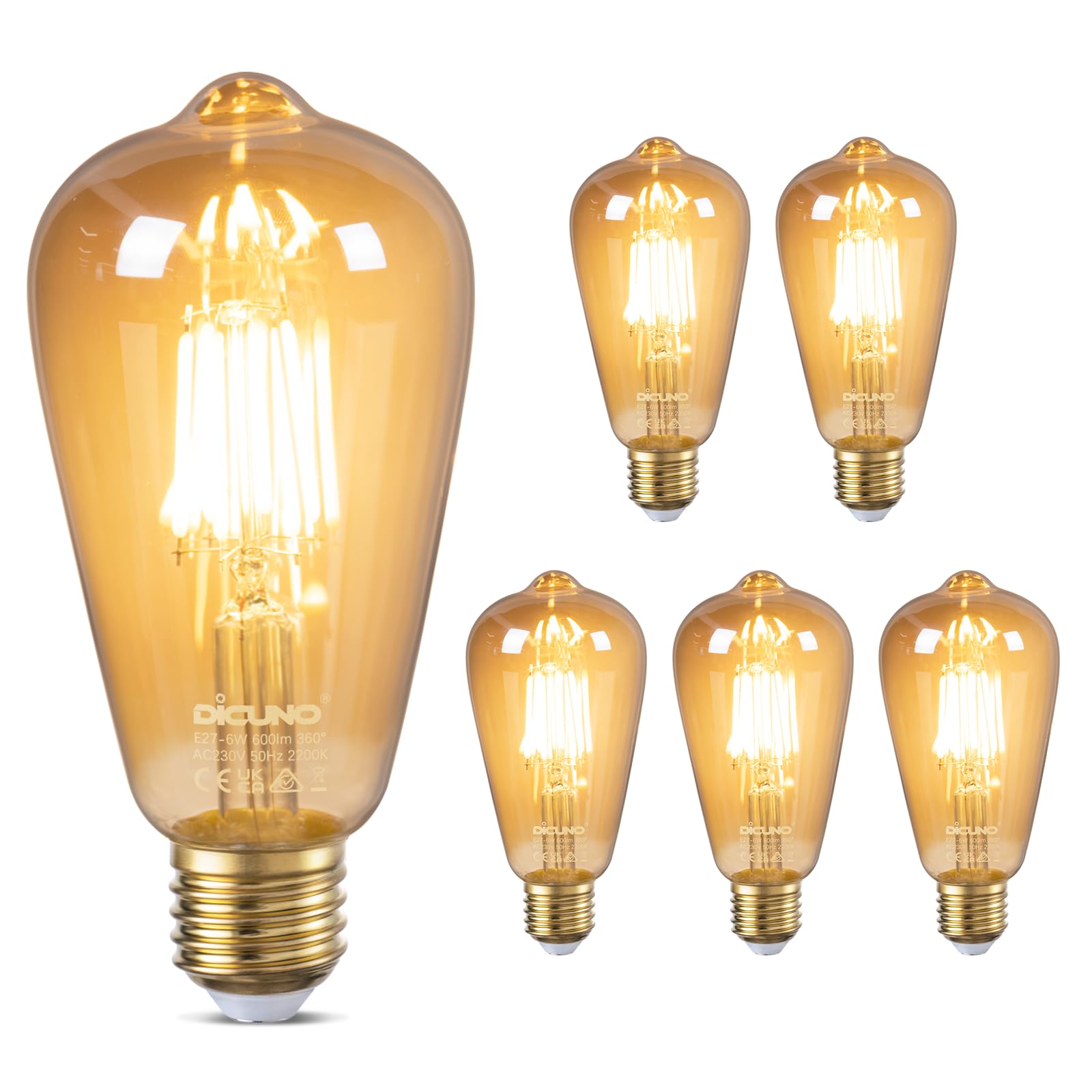 DiCUNO Vintage Light Bulb E27 Edison Screw Bulb, 6W Equivalent to 60 Watt, Retro Amber Warm Glass Screw Lamp, 2200K Warm White, Non-dimmable, ES LED Filament Lamp Squirrel Cage, ST64, 600LM, 6 Packs