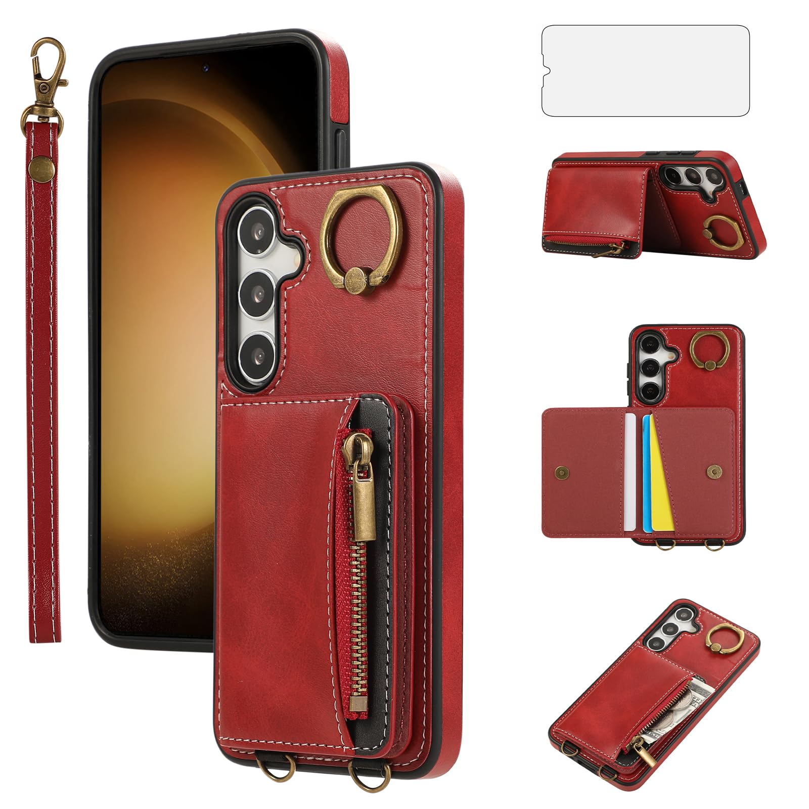Photo 1 of Asuwish Phone Case for Samsung Galaxy S24 Plus S24+ 5G Wallet Cover and Tempered Glass Screen Protector Zipper Credit Ring Card Holder Stand Cell Accessories S24plus 24S + S 24 24+ Women Men Red