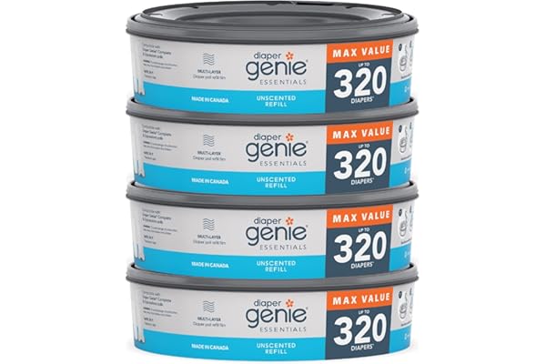 Diaper Genie Essentials Round Refill Pack of 4 | Holds Up to 1280 Newborn Diapers | Features Unscented Continuous Film | Compatible with Diaper Genie Complete and Expressions Pails