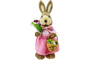 DearSun 14" H Easter Straw Bunny Figurine Tabletop Decor, Pink Sisal Rabbit Holding Flowers&Basket with Eggs Inside, Spring Party Garden Table Decor Centerpiece for Home Office Kitchen Farmhouse;
