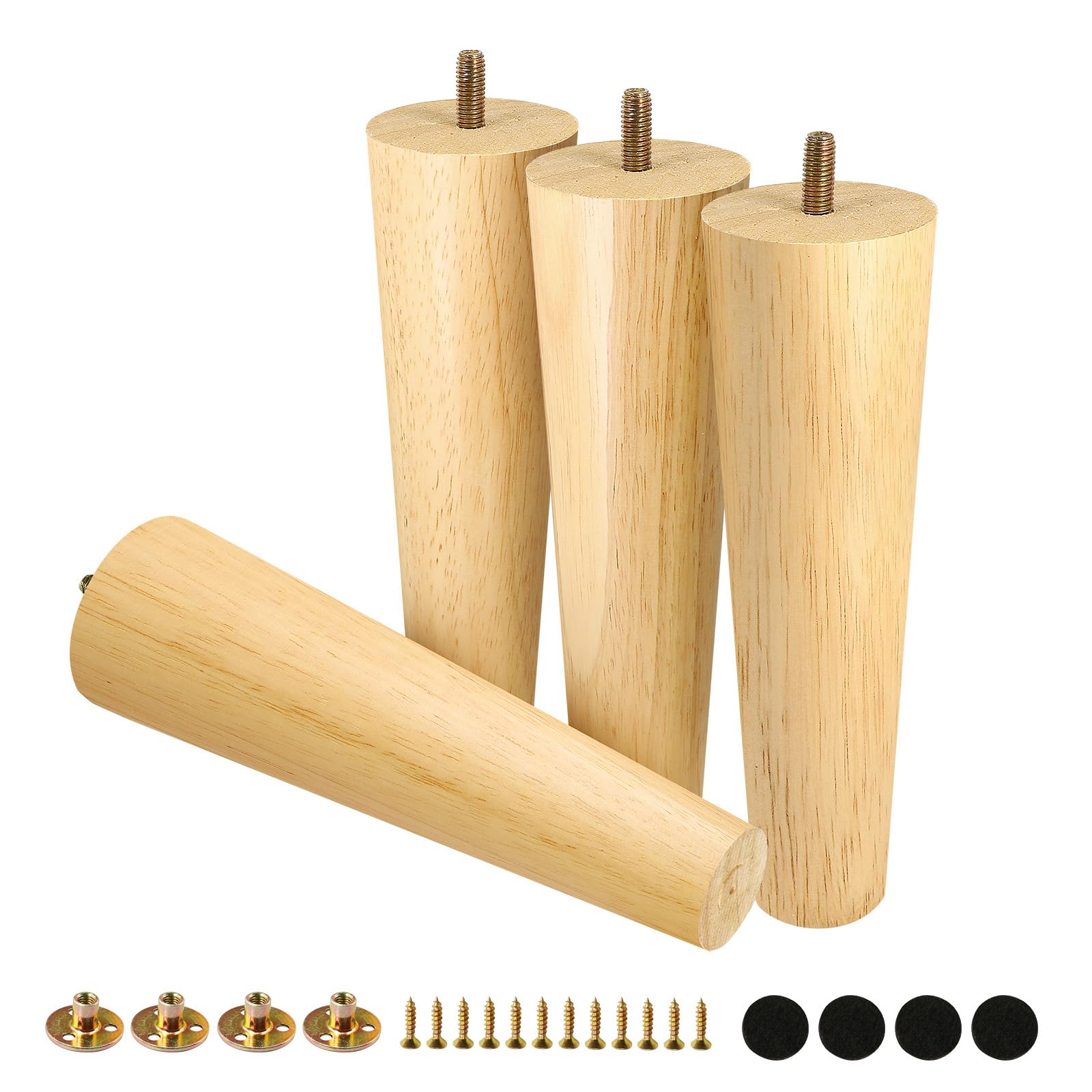 Photo 1 of FoDau770 Rubber Wood Furniture Legs 8 Inches, Straight Tapered Wood Feet Mid Century Sofa Legs Set of 4, 5/16" UNC Furniture Feet Replacement Parts for Cabinet Couch Dresser Chair Ottoman Table
