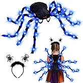 Thuodo Halloween Giant Spider Costume for Kids Adults, Blue 60 LED Light-Up Spider Candy Backpack with Headband Halloween Decorations and Party Props– Battery Required