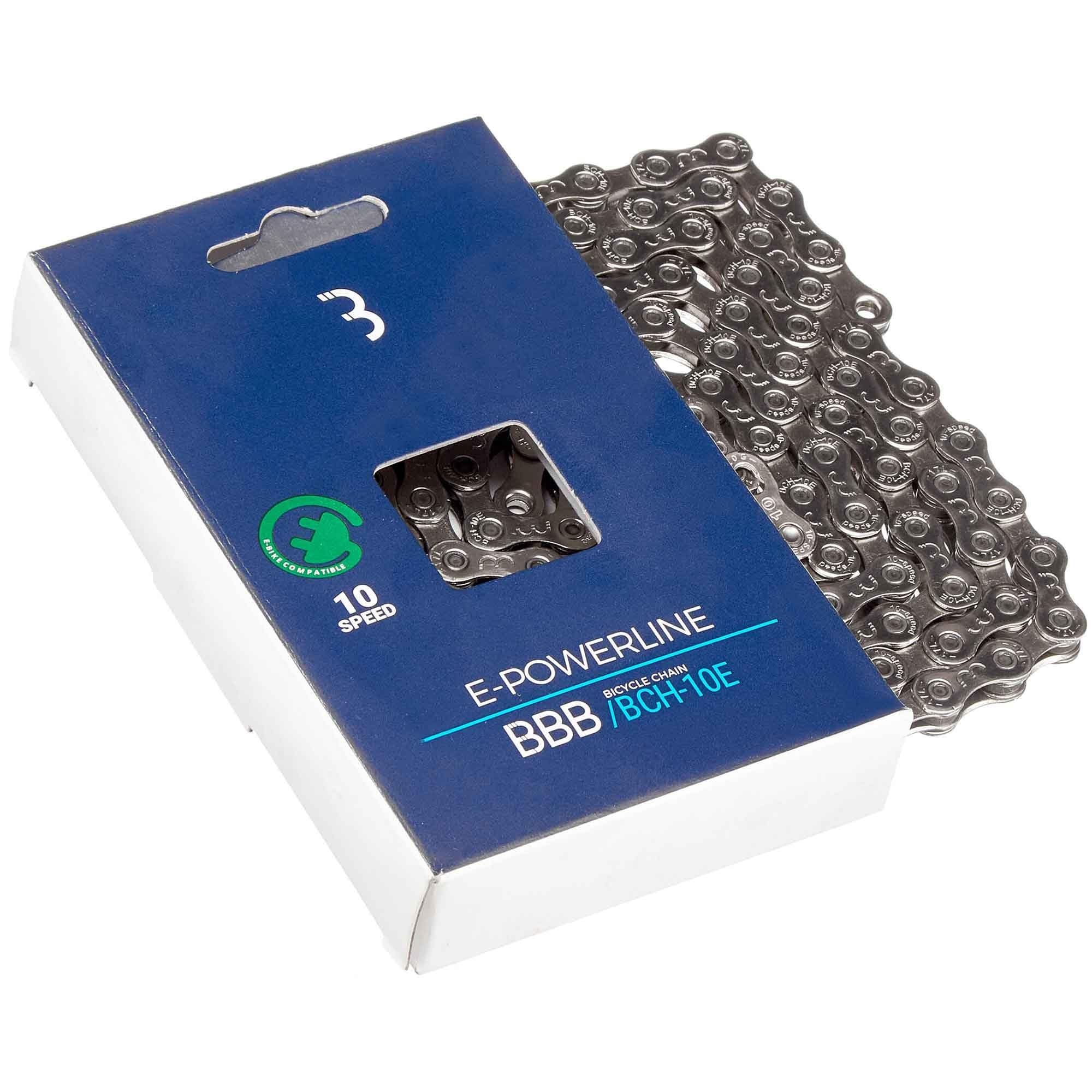 BBB Cycling E-PowerLine Cycling Chain Bikechain with SmartLink QuickLink Included Bicycle Chain E-bike Specific Ebike Chain for 10-Speed Chain Bikes 136 Links Harden treatment Silver BCH-10E