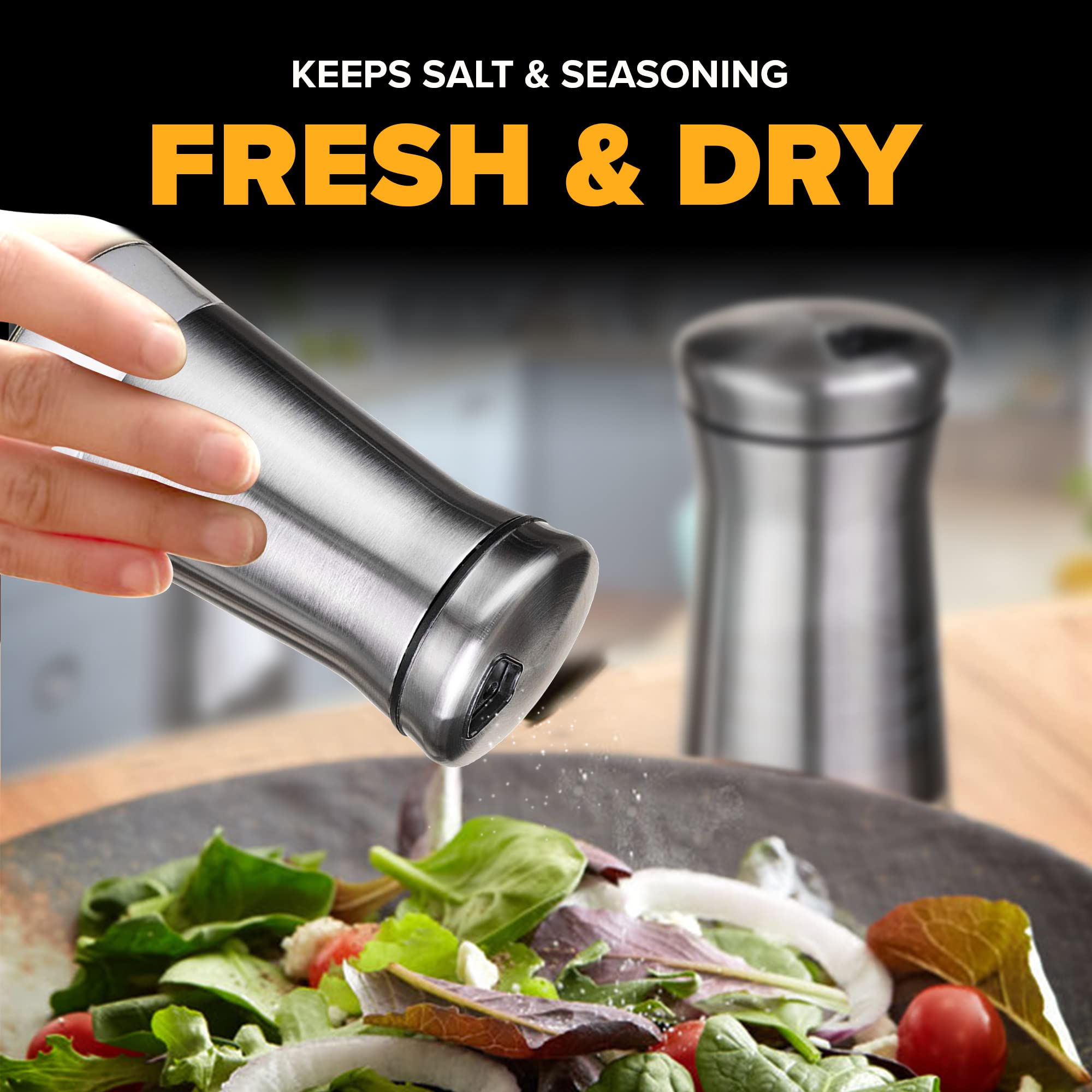 The Original Salt and Pepper Shakers set - Silver- Spice Dispenser with Adjustable Pour Holes - Stainless Steel & Glass Set of 2 Bottles