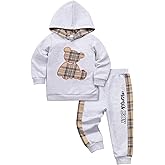 Yoxindax Toddler Baby Boy Clothes Outfits Plaid Bear Long Sleeve Hoodie Patchwork Pant Boy 2PC Outfit Set